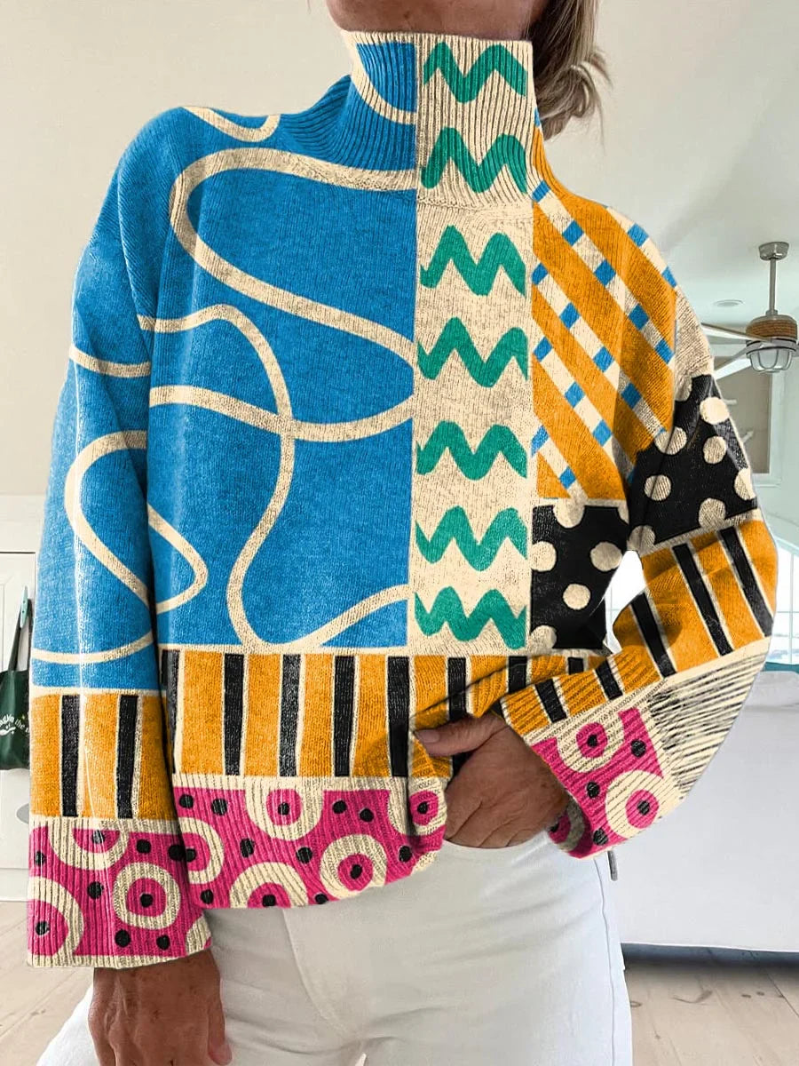 Damen Vintage Geometrisches Muster Rollkragen Strickpullover