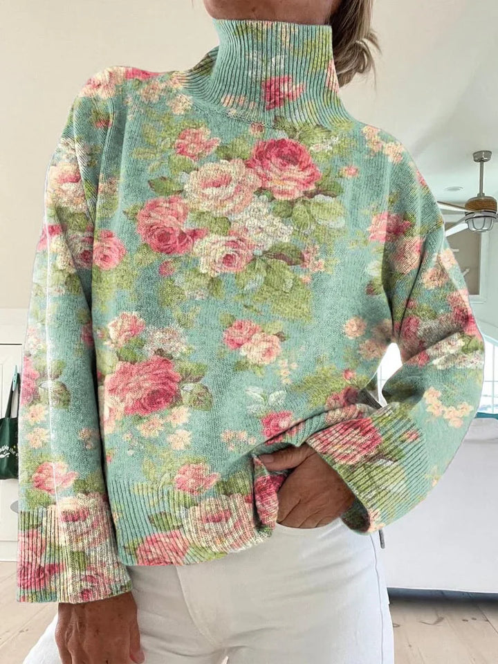 Damen Vintage Blumenmuster Rollkragen Strickpullover