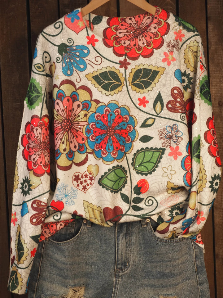 Künstlerisch Floral Pailletten Strickpullover