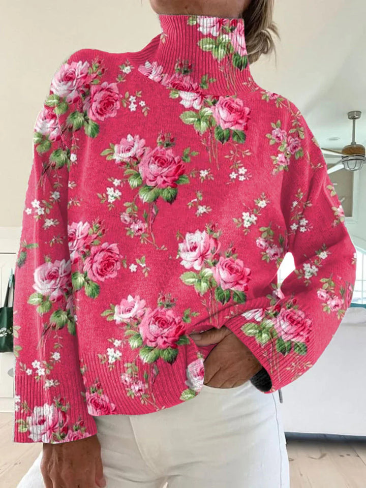 Vintage Blumenkunstdruck Rollkragen Strickpullover