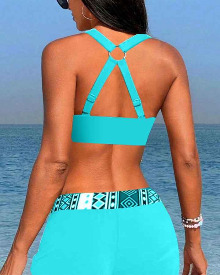 Geo-Print Neckholder-Tankini mit Shorts