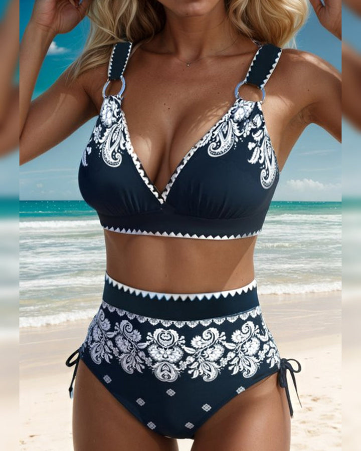 Marine &amp; Weiß Paisley High-Waist Bikini