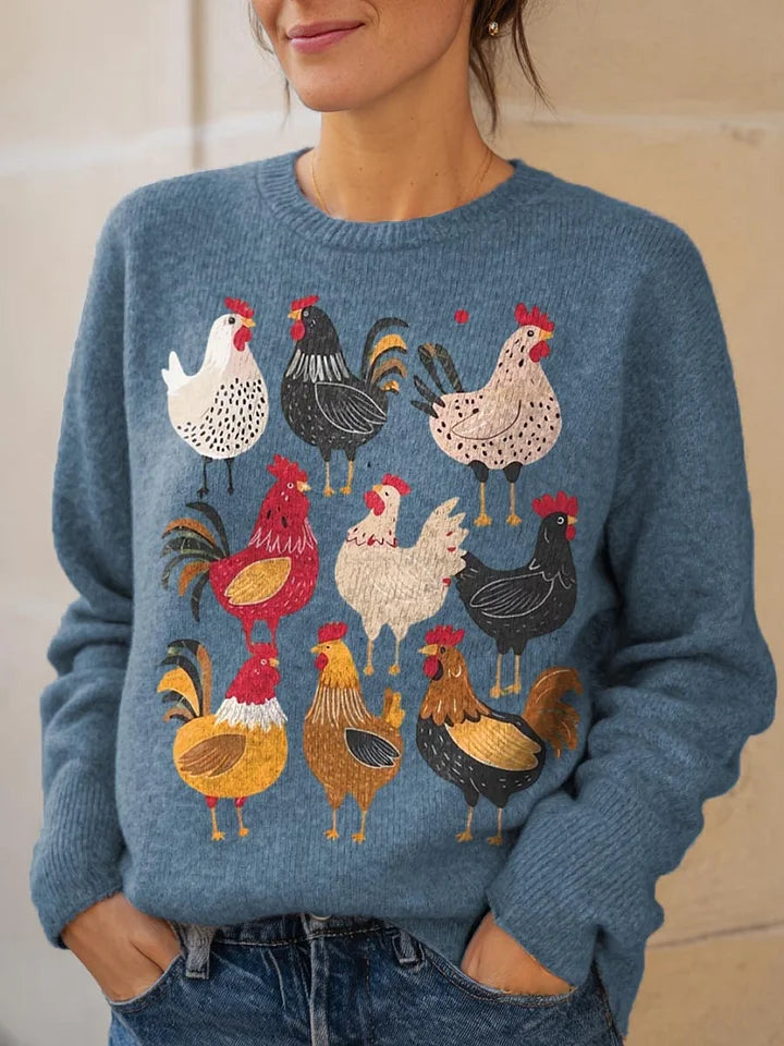 Damen Hühner Muster Strickpullover