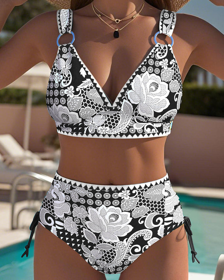 Marine &amp; Weiß Floraler High-Waist Bikini