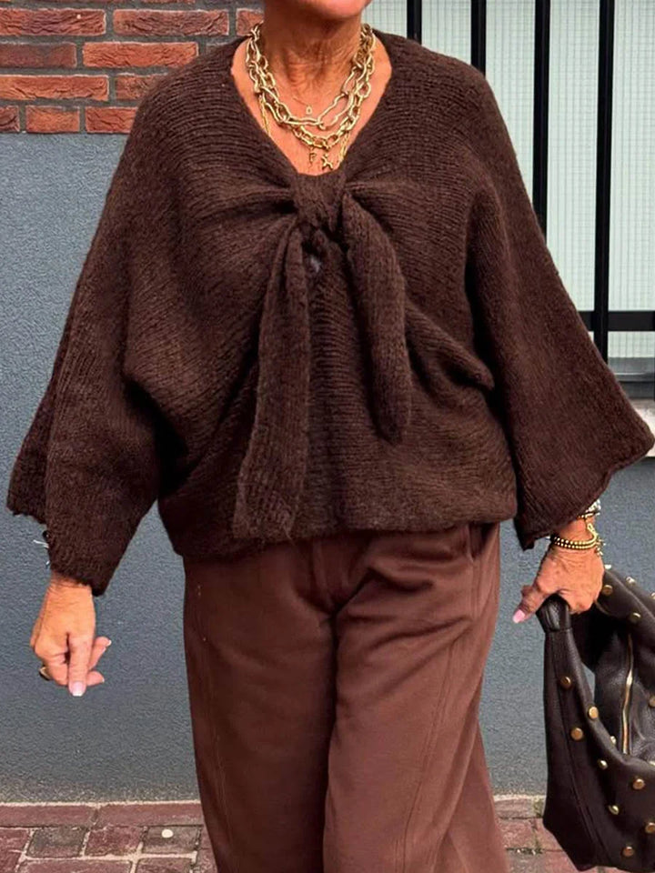 Einfarbiger V-Ausschnitt Langarm Schnürung Oversize Pullover