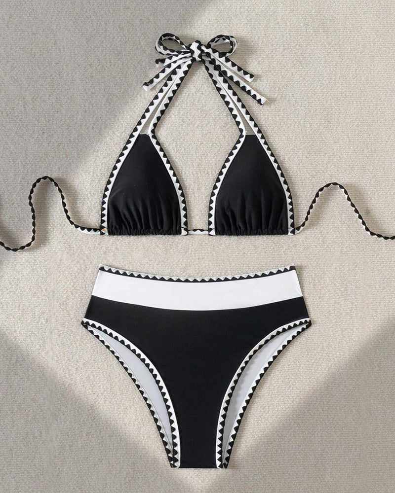 Schwarz &amp; Weiß Geo-Besatz Neckholder-Bikini