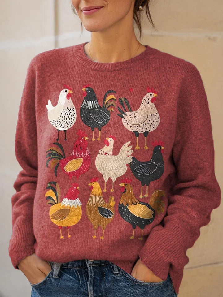Damen Hühner Muster Strickpullover