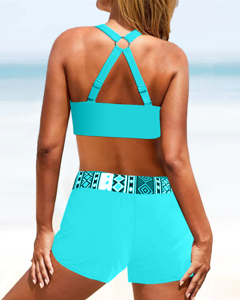 Geo-Print Neckholder-Tankini mit Shorts