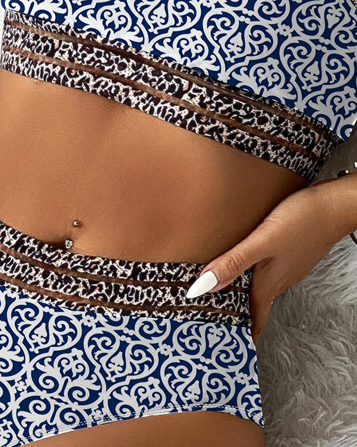 Blaues Mosaik &amp; Leopard-Besatz Bandeau-Bikini