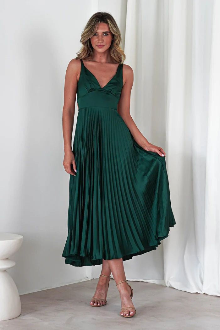 Cleo™ | Elegantes Plissee-Midikleid mit offenem Rücken