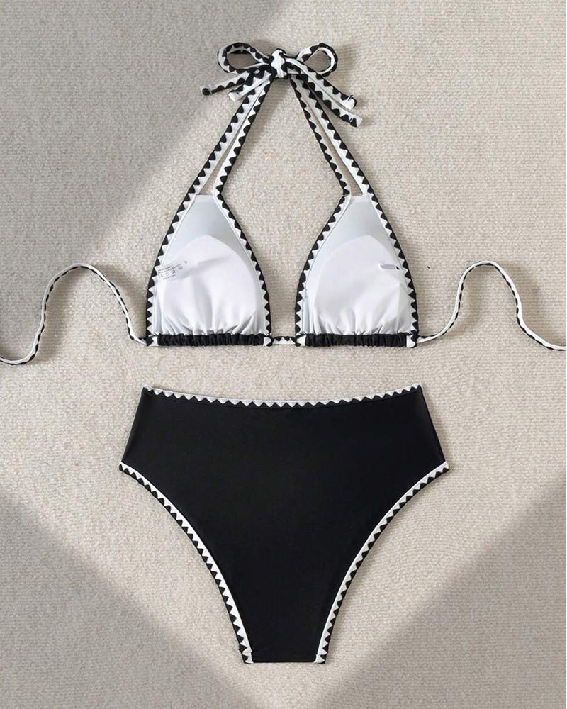 Schwarz &amp; Weiß Geo-Besatz Neckholder-Bikini