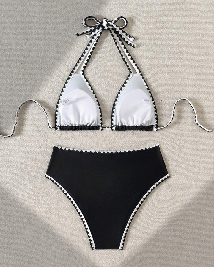 Schwarz &amp; Weiß Geo-Besatz Neckholder-Bikini