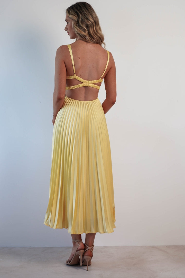 Cleo™ | Elegantes Plissee-Midikleid mit offenem Rücken