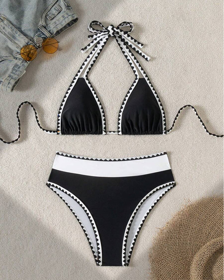 Schwarz &amp; Weiß Geo-Besatz Neckholder-Bikini