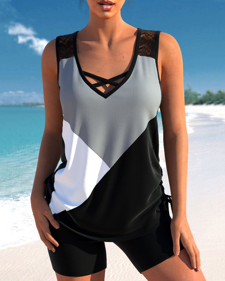 Block Spitzen-Detail Tankini-Set